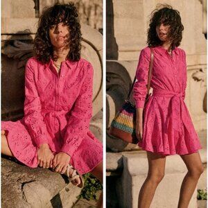 Sezane Sol hot pink Eyelet cotton Mini Dress Size34  bust34 US2